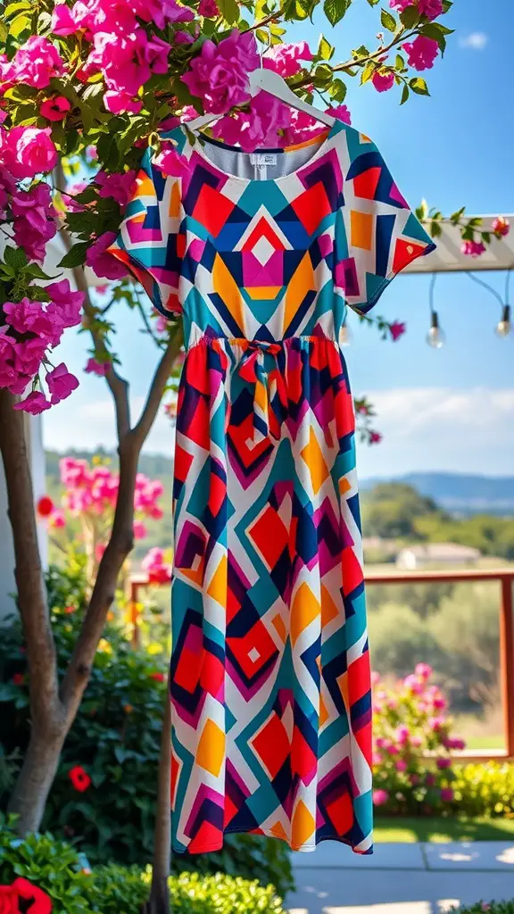 21 Stylish Summer Wedding Guest Dress Ideas to Make You Shine 15 A colorful geometric print dress hanging among vibrant flowers, perfect for a summer wedding.
