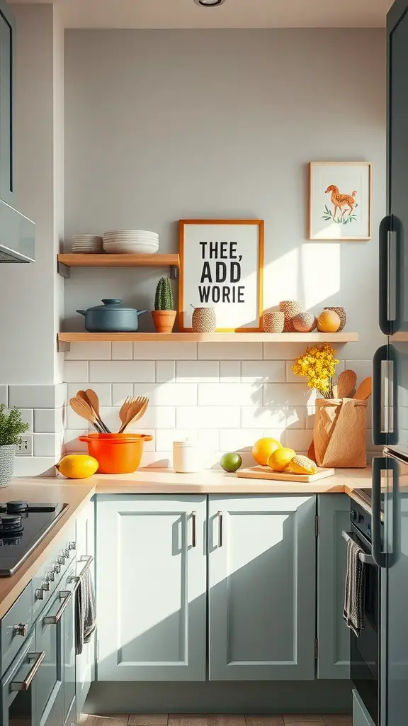 A bright Scandinavian kitchen with colorful accents, including a blue cabinet, orange bowl, and decorative plants.