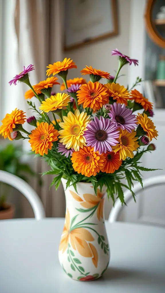 17 Stunning Summer Flower Arrangement Ideas 13 A colorful arrangement of marigolds and asters in a beautifully decorated vase.