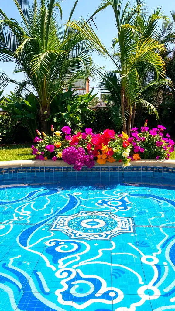 Colorful mosaic tiled pool with blue water, surrounded by tropical plants and vibrant flowers