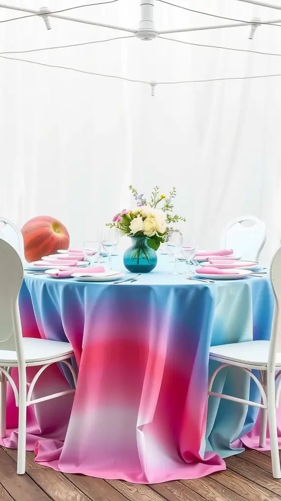 21 Stunning Summer Table Decoration Ideas You'll Love 4 A table set with a colorful ombre tablecloth transitioning from blue to pink, featuring a vase of flowers and pink plates.