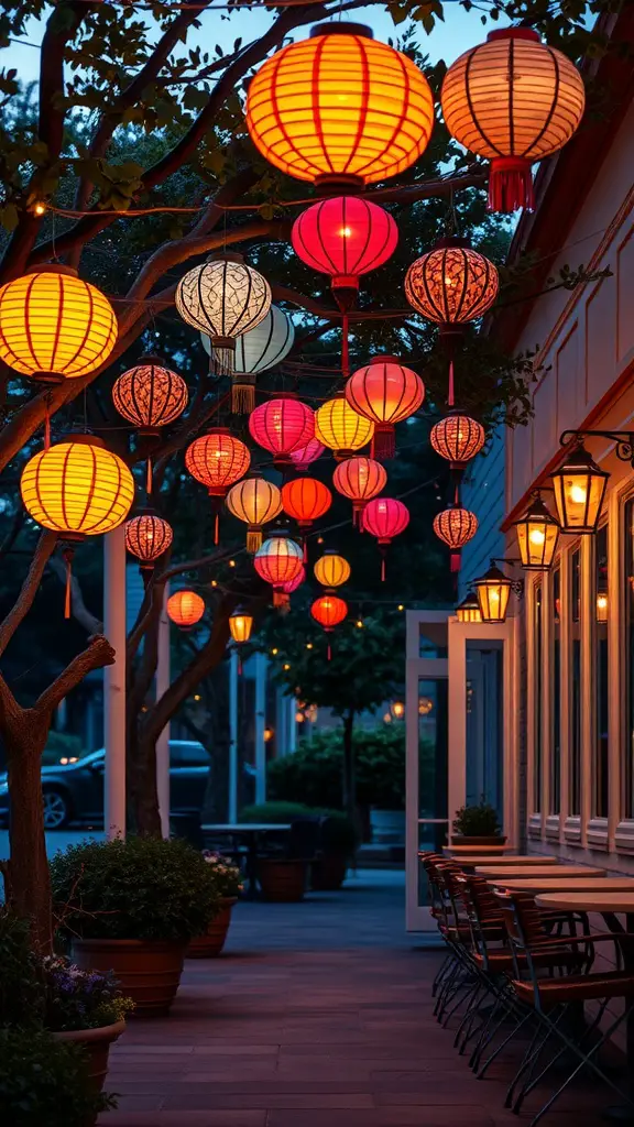 23 Bright and Cheerful Summer Decorations to Enhance Your Home 2 Colorful outdoor lanterns hanging from trees, illuminating a cozy outdoor dining area.