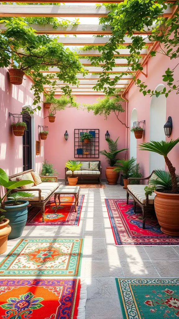 A cozy outdoor patio featuring colorful rugs, green plants, and pink walls.