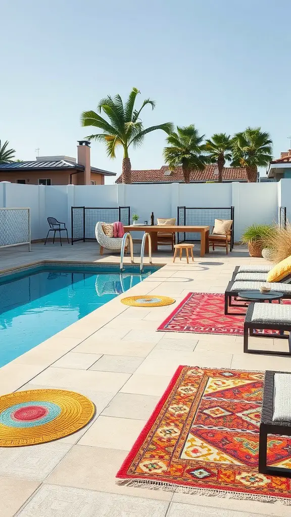 A bright and inviting pool deck with colorful outdoor rugs in various patterns.