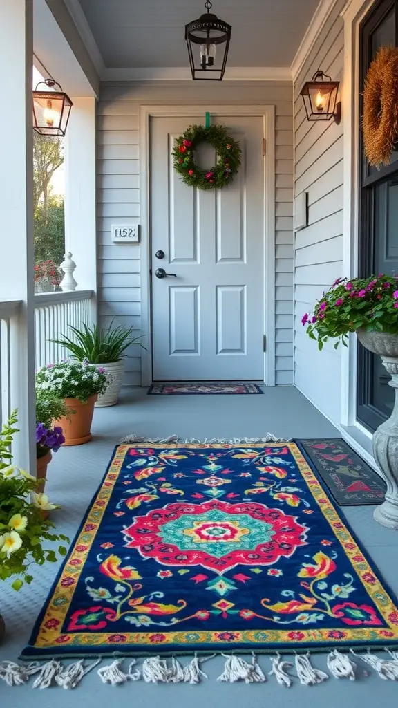 Vibrant outdoor rug on a porch with potted plants and a welcoming door