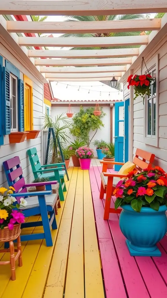 15 Creative Garden Decking Ideas for Your Outdoor Space 7 A colorful garden decking area with pink and yellow planks, vibrant chairs, and flower pots.