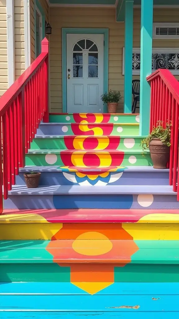 21 Creative Deck Step Ideas to Enhance Your Outdoor Space 7 Colorfully painted deck steps with vibrant patterns and colors