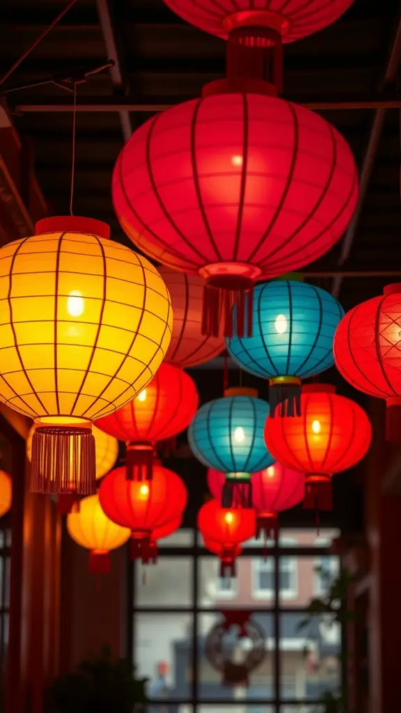 Colorful paper lanterns in red, yellow, and blue hanging from the ceiling