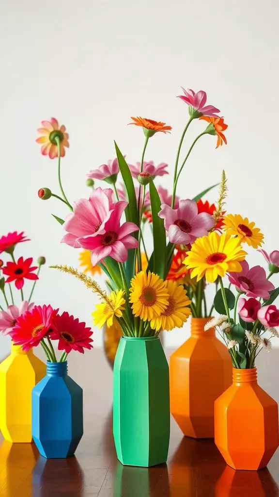 Colorful paper mache vases filled with flowers