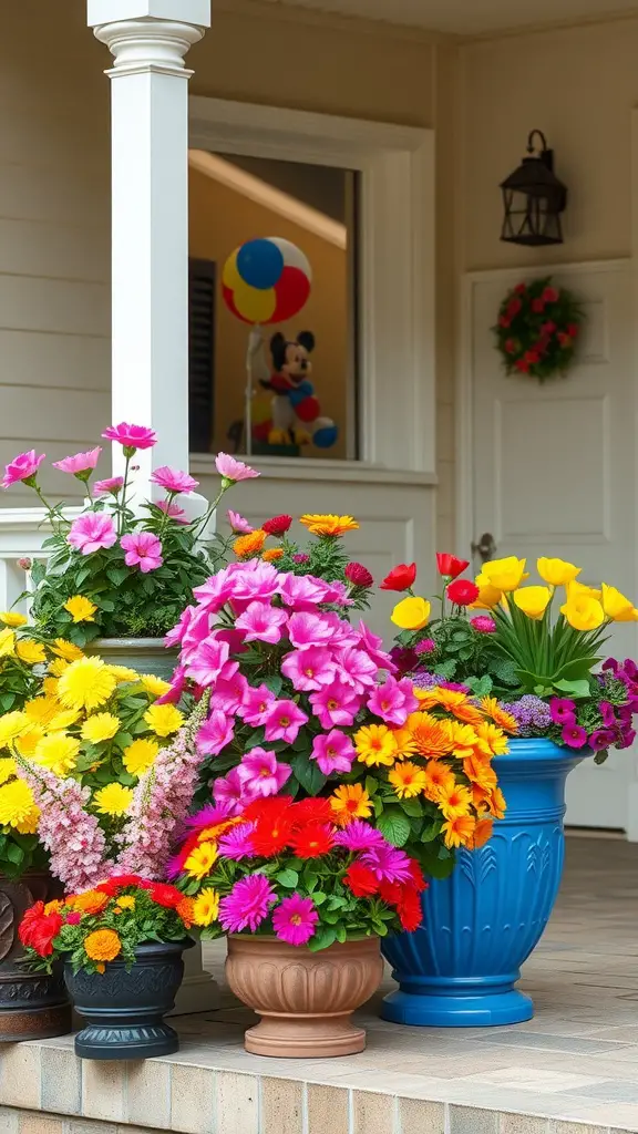 23 Inspiring Summer Porch Decor Ideas for a Vibrant Outdoor Space 10 Colorful planters filled with vibrant flowers on a porch