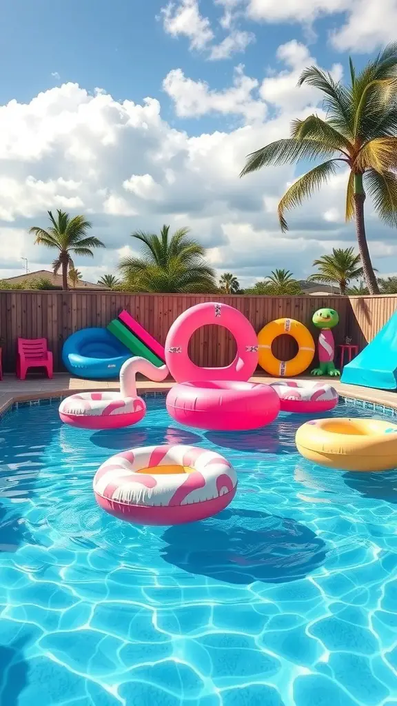 A vibrant pool scene featuring colorful floats and toys, including a pink flamingo and various inflatable rings.