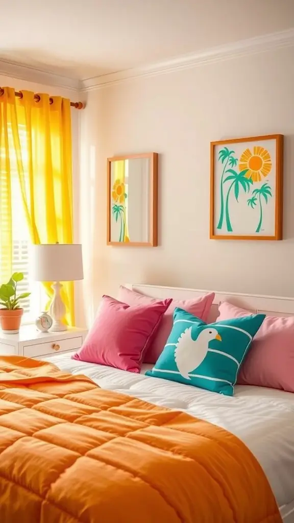 13 Summer Bedroom Aesthetic Ideas to Refresh Your Space 14 A colorful summer bedroom with an orange quilt, pink and teal pillows, yellow curtains, and tropical artwork.