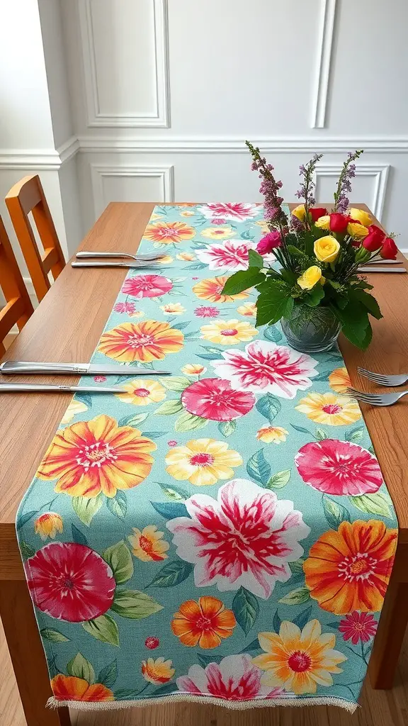 27 Creative Mother’s Day Decor Ideas to Celebrate Mom 24 A colorful table runner with floral patterns on a wooden dining table, accompanied by a flower arrangement