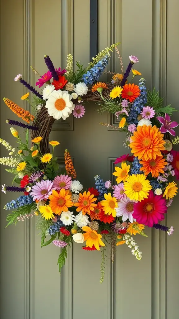 35 Stunning Summer Wreath Ideas for Your Front Door 12 A vibrant wildflower wreath featuring various colorful flowers against a green door.
