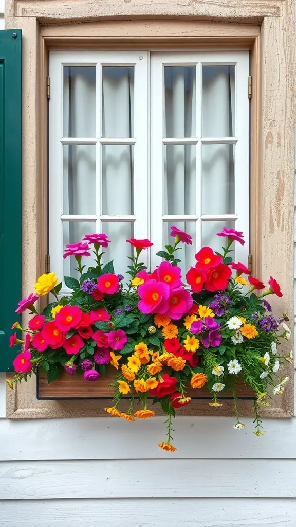 29 Stunning Flower Box Ideas to Brighten Your Outdoor Space 6 Vibrant flower box with pink, yellow, and red flowers outside a window.