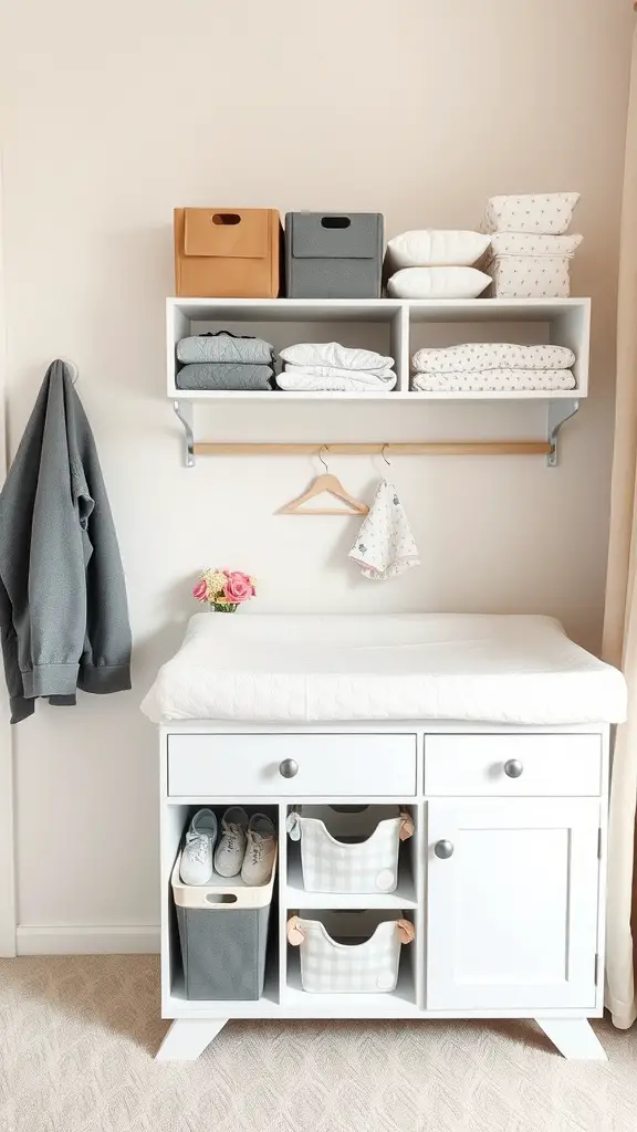 A cozy changing station with organized storage, soft surface, and decorative elements.