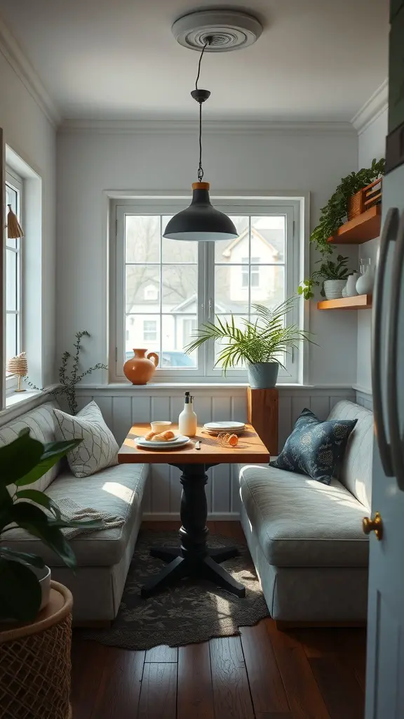 27 Cozy Kitchen Ideas to Warm Up Your Space 11 Cozy kitchen seating area with a small table, comfortable sofas, and natural light.