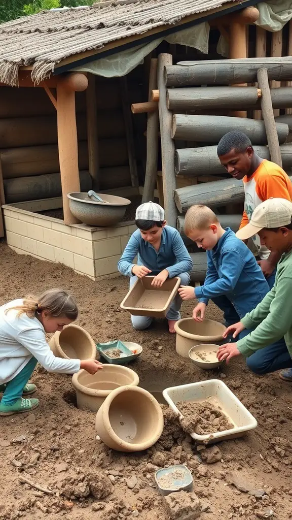 25 Creative Mud Kitchen Ideas for Kids to Inspire Imaginative Play 13 Children playing in a mud kitchen, digging and creating with pots and dirt.