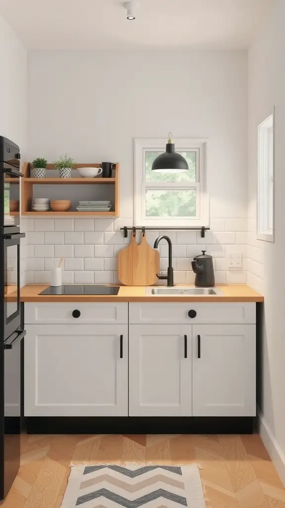 Compact Scandinavian kitchen with white cabinetry, wooden countertop, and open shelving