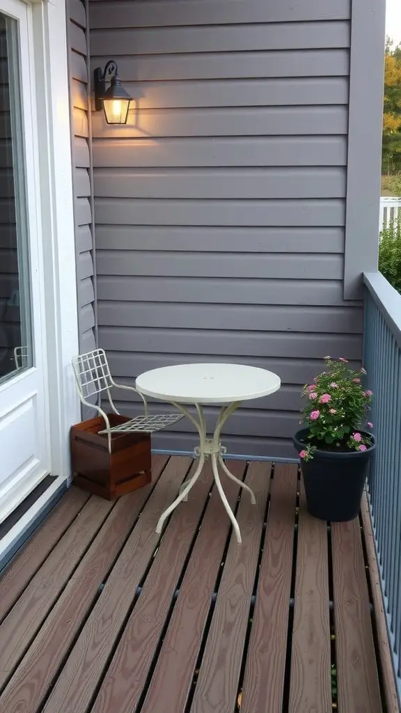 25 Stunning Deck Furniture Ideas for Your Outdoor Oasis 16 A compact bistro set featuring a round table and a stylish chair on a wooden deck, accompanied by a potted plant.