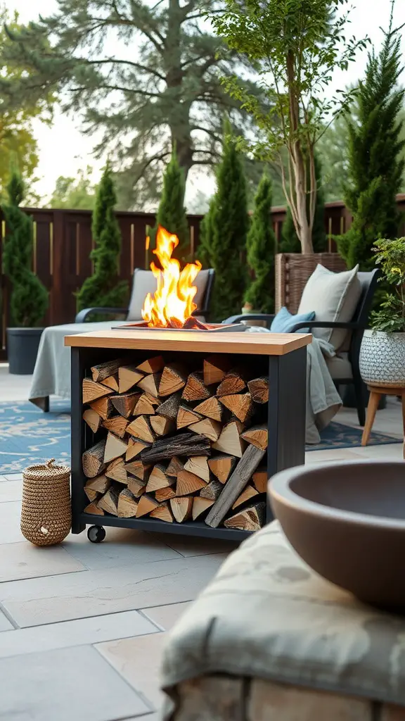 Compact firewood storage unit with a tabletop and fire pit on top, surrounded by outdoor seating and greenery.