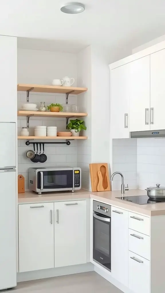 A compact white kitchen featuring open shelving, a microwave, and a small oven.