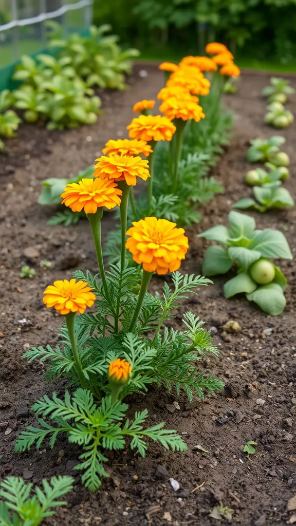 A row of vibrant marigold flowers in a garden, with green vegetables in the background.