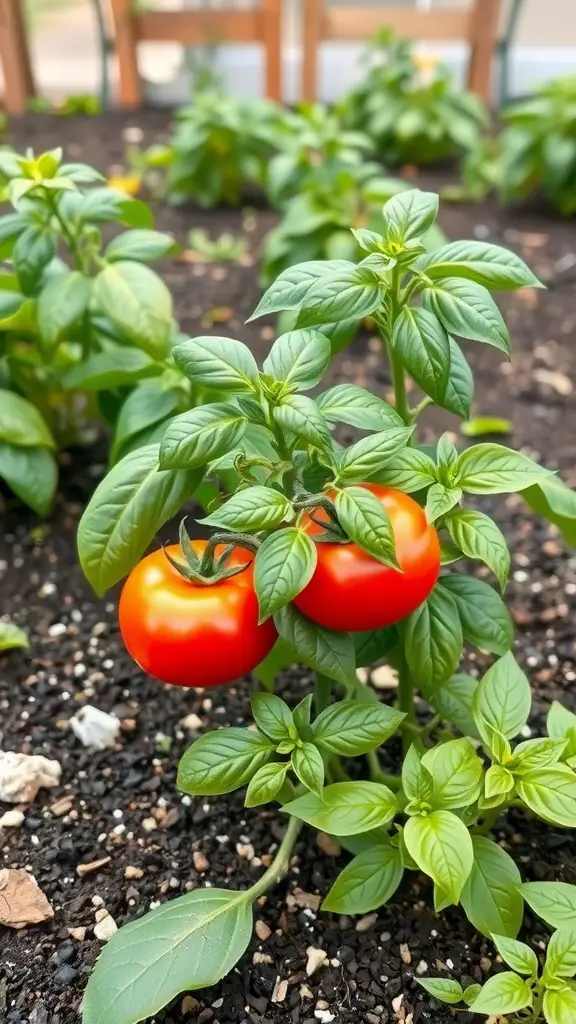 A close-up view of red tomatoes growing alongside green basil leaves in a garden.