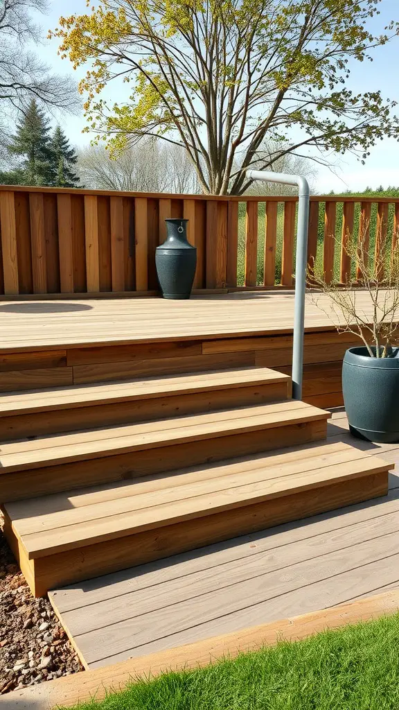 21 Creative Deck Step Ideas to Enhance Your Outdoor Space 12 Composite deck steps leading up to a wooden deck with planters and a railing.