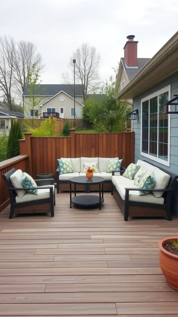 15 Stunning Composite Deck Ideas for Your Outdoor Space 15 Composite deck featuring built-in seating with cushions, a round coffee table, and a surrounding wooden fence.