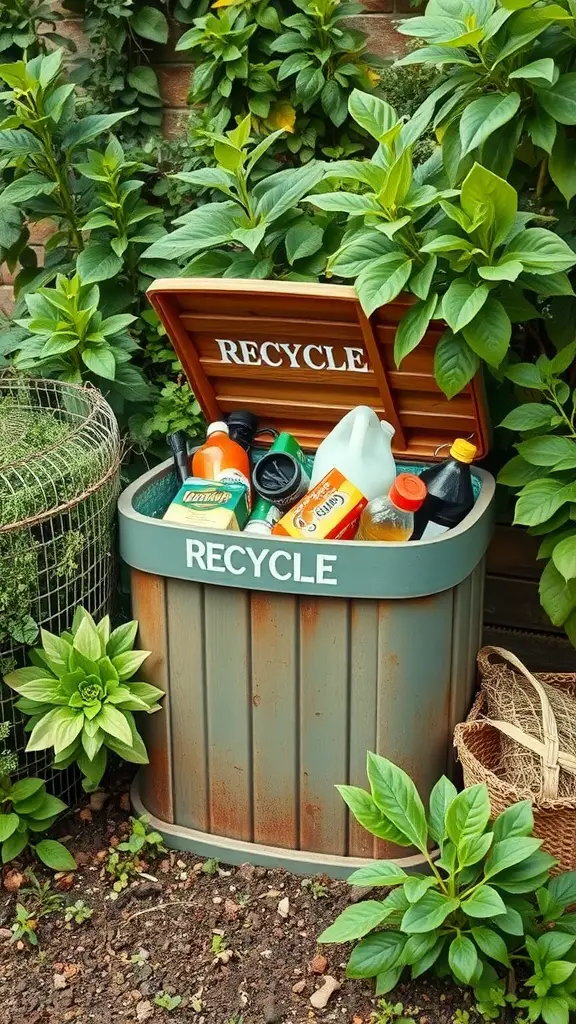 A recycling bin in a garden surrounded by green plants