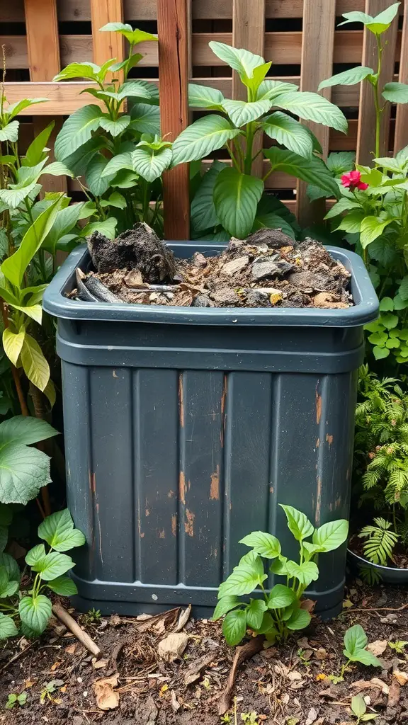 A compost bin filled with organic materials, surrounded by healthy plants in a garden.