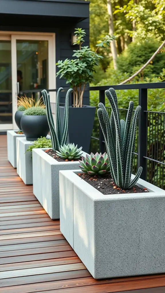 15 Creative DIY Deck Planter Ideas to Enhance Your Outdoor Space 5 Row of concrete block planters on a wooden deck with cacti and succulents.