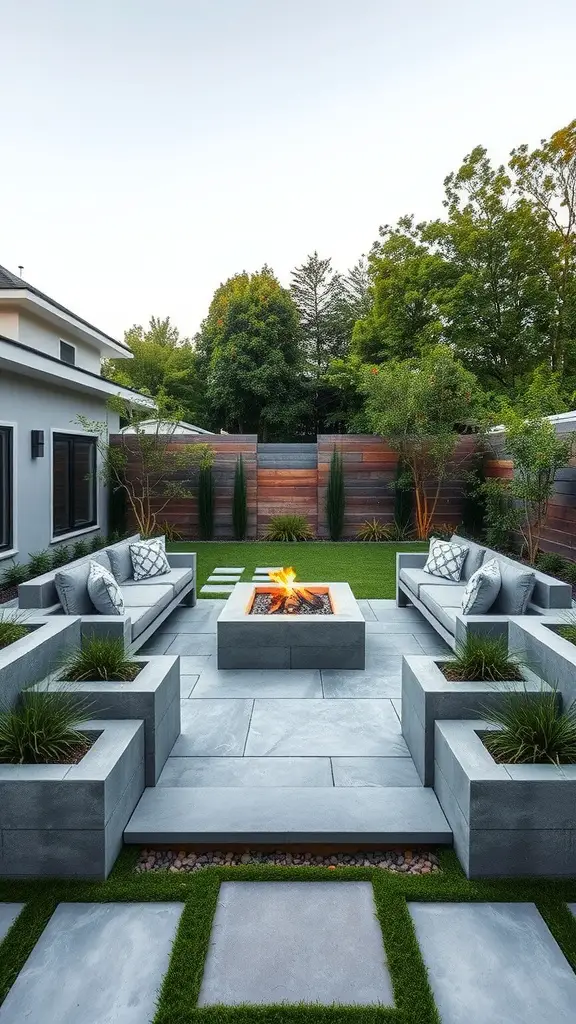 Outdoor seating area with concrete block seating around a central fire pit, surrounded by grass and plants.