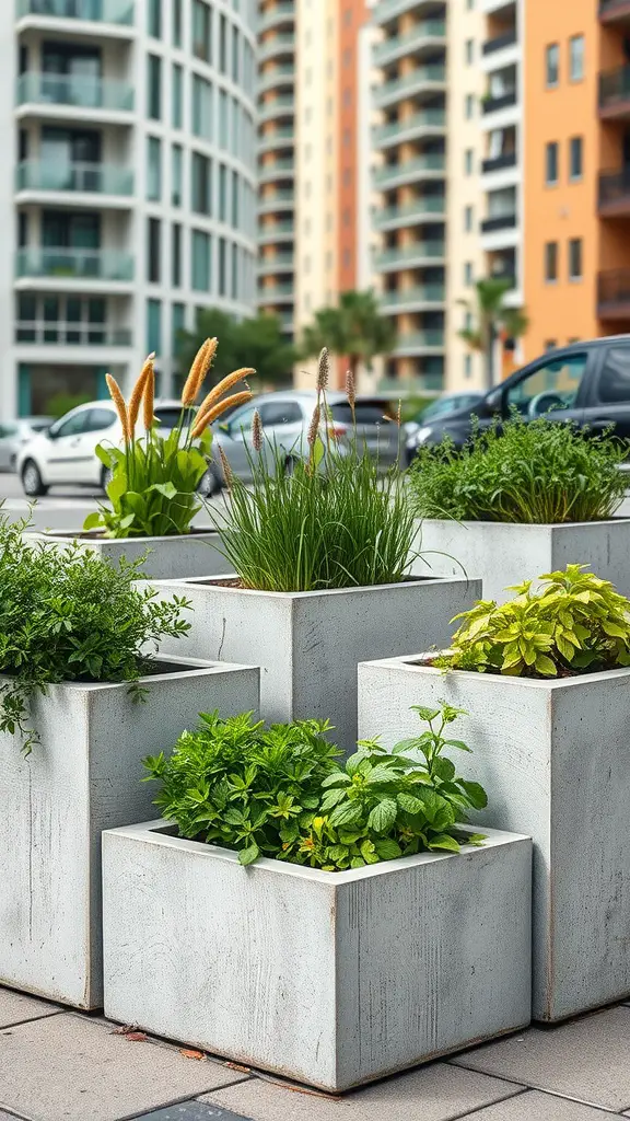 Several concrete planter blocks filled with various herbs set against an urban backdrop.