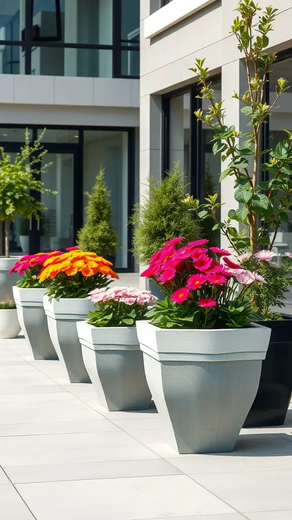 A row of concrete planters filled with vibrant flowers in a modern outdoor setting.