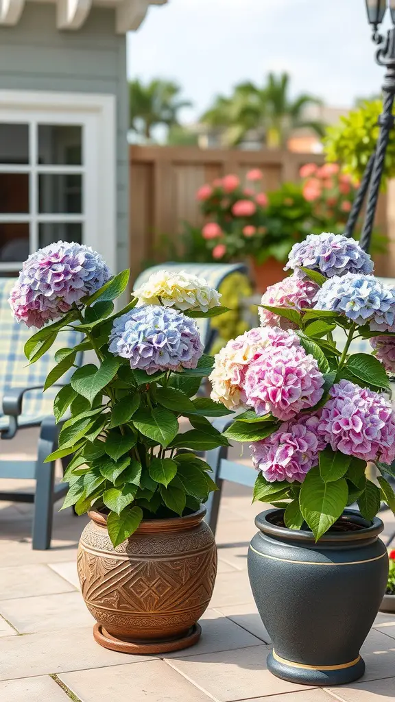 15 Stunning Hydrangea Landscaping Ideas for Your Garden 8 Two pots of hydrangea flowers in shades of blue and pink on a patio.