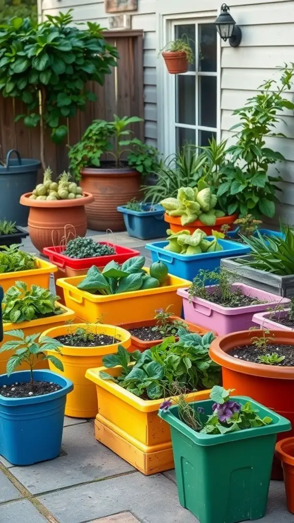 Colorful garden pots filled with various plants on a patio