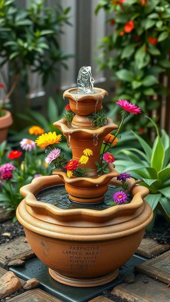 23 Creative DIY Fountain Ideas for Your Garden 4 A terracotta tiered fountain surrounded by colorful flowers in a garden.