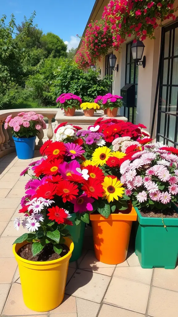 A vibrant container garden with various colorful flowers in pots