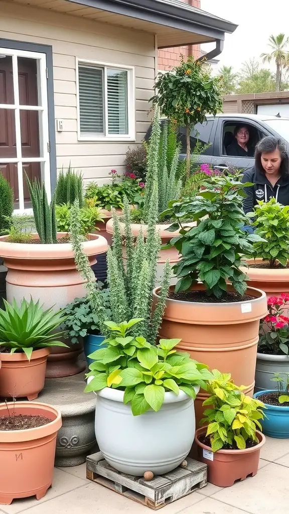 A variety of colorful potted plants arranged near a house, showcasing container gardening options for mobility.