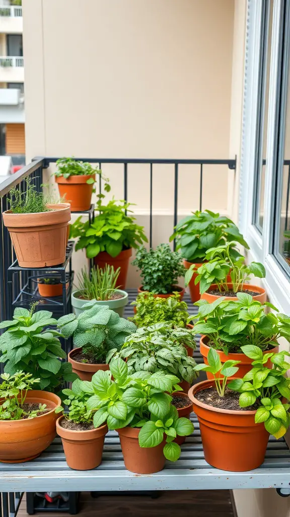 A balcony garden filled with various potted herbs and plants arranged on shelves.