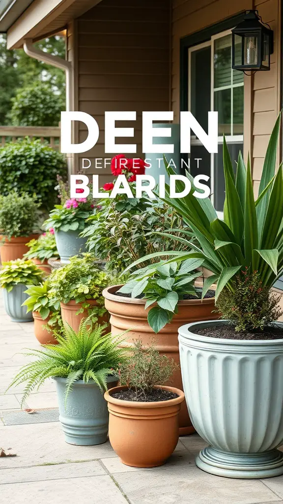 13 Creative Deer Resistant Landscaping Ideas for Your Garden 11 A collection of colorful container gardens featuring various plants, showcasing deer-resistant varieties.