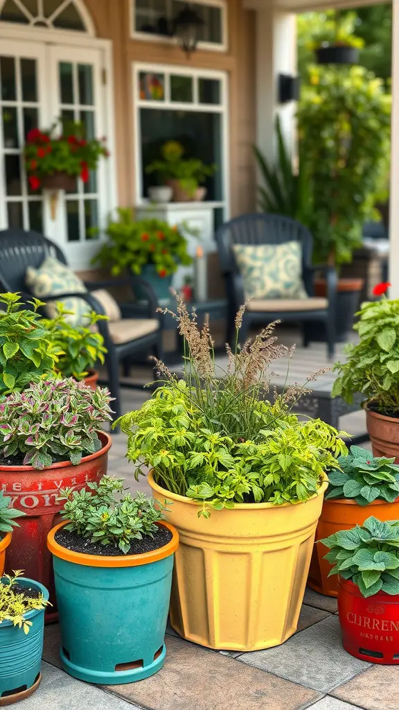 Colorful pots filled with various herbs on a patio, showcasing a vibrant container herb garden.