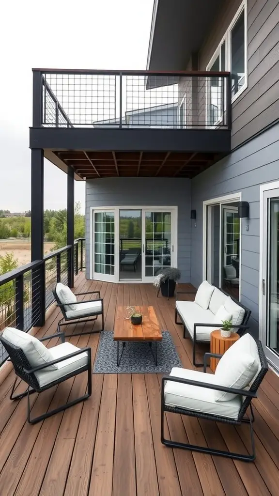 17 Inspiring Multi-Level Deck Ideas for Your Outdoor Space 14 A contemporary minimalist deck featuring comfortable seating and a wooden coffee table.