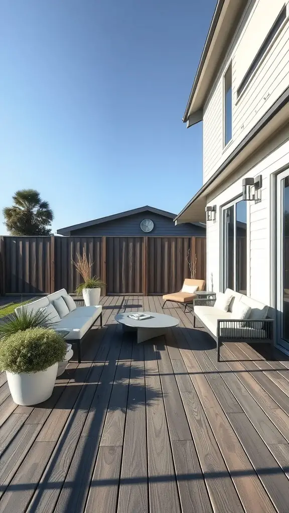 15 Stunning Composite Deck Ideas for Your Outdoor Space 13 A contemporary minimalist deck design featuring modern furniture, potted plants, and a clean aesthetic.