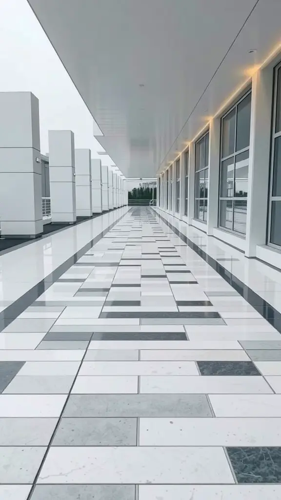 A modern mosaic walkway with a minimalist design featuring alternating gray and white tiles.