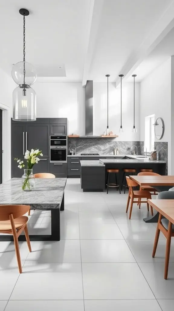 A contemporary open concept kitchen featuring dark cabinetry, light countertops, and stylish lighting.