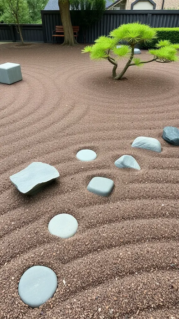 21 Creative Mulch Landscaping Ideas to Transform Your Outdoor Space 11 A contemporary Zen garden featuring mulch, stones, and a small tree.