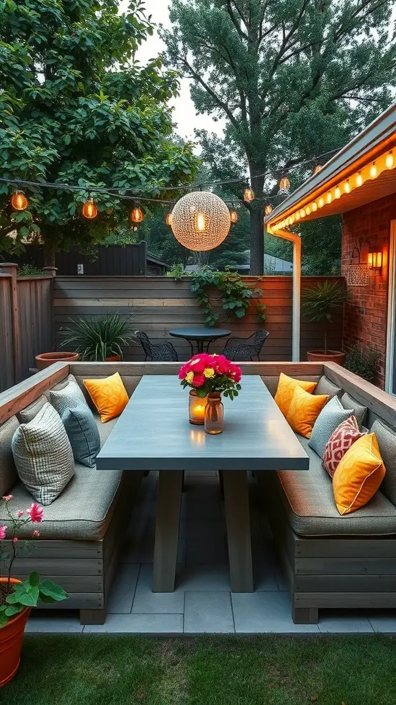 Cozy outdoor banquette with colorful cushions and a spacious table lit by string lights